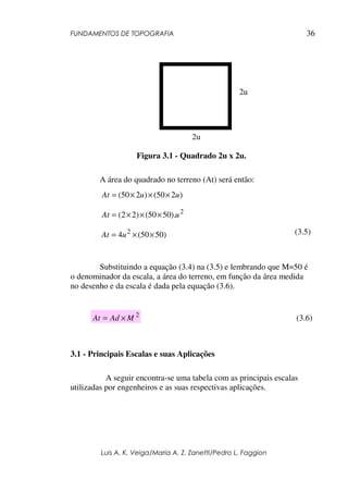 FUNDAMENTOS DE TOPOGRAFIA
Luis A. K. Veiga/Maria A. Z. Zanetti/Pedro L. Faggion
36
Figura 3.1 - Quadrado 2u x 2u.
A área do quadrado no terreno (At) será então:
)250()250( uuAt ×××=
2
).5050()22( uAt ×××=
)5050(4 2
××= uAt (3.5)
Substituindo a equação (3.4) na (3.5) e lembrando que M=50 é
o denominador da escala, a área do terreno, em função da área medida
no desenho e da escala é dada pela equação (3.6).
2
MAdAt ×= (3.6)
3.1 - Principais Escalas e suas Aplicações
A seguir encontra-se uma tabela com as principais escalas
utilizadas por engenheiros e as suas respectivas aplicações.
2u
2u
 