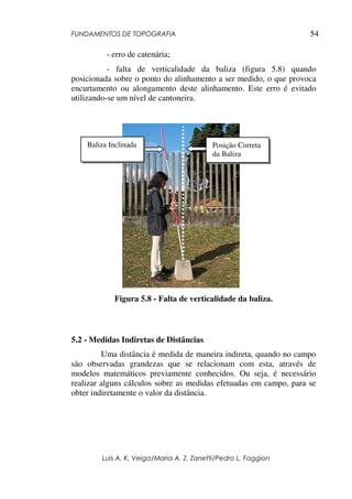 FUNDAMENTOS DE TOPOGRAFIA
Luis A. K. Veiga/Maria A. Z. Zanetti/Pedro L. Faggion
54
- erro de catenária;
- falta de verticalidade da baliza (figura 5.8) quando
posicionada sobre o ponto do alinhamento a ser medido, o que provoca
encurtamento ou alongamento deste alinhamento. Este erro é evitado
utilizando-se um nível de cantoneira.
Figura 5.8 - Falta de verticalidade da baliza.
5.2 - Medidas Indiretas de Distâncias
Uma distância é medida de maneira indireta, quando no campo
são observadas grandezas que se relacionam com esta, através de
modelos matemáticos previamente conhecidos. Ou seja, é necessário
realizar alguns cálculos sobre as medidas efetuadas em campo, para se
obter indiretamente o valor da distância.
Posição Correta
da Baliza
Baliza Inclinada
 