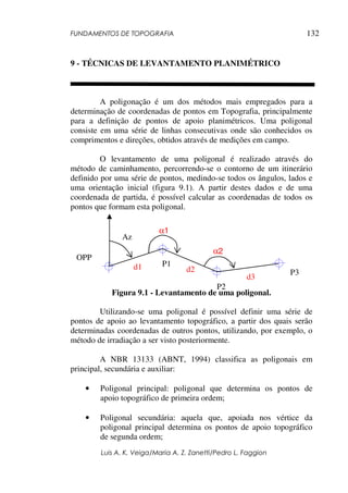 FUNDAMENTOS DE TOPOGRAFIA
Luis A. K. Veiga/Maria A. Z. Zanetti/Pedro L. Faggion
132
9 - TÉCNICAS DE LEVANTAMENTO PLANIMÉTRICO
A poligonação é um dos métodos mais empregados para a
determinação de coordenadas de pontos em Topografia, principalmente
para a definição de pontos de apoio planimétricos. Uma poligonal
consiste em uma série de linhas consecutivas onde são conhecidos os
comprimentos e direções, obtidos através de medições em campo.
O levantamento de uma poligonal é realizado através do
método de caminhamento, percorrendo-se o contorno de um itinerário
definido por uma série de pontos, medindo-se todos os ângulos, lados e
uma orientação inicial (figura 9.1). A partir destes dados e de uma
coordenada de partida, é possível calcular as coordenadas de todos os
pontos que formam esta poligonal.
Figura 9.1 - Levantamento de uma poligonal.
Utilizando-se uma poligonal é possível definir uma série de
pontos de apoio ao levantamento topográfico, a partir dos quais serão
determinadas coordenadas de outros pontos, utilizando, por exemplo, o
método de irradiação a ser visto posteriormente.
A NBR 13133 (ABNT, 1994) classifica as poligonais em
principal, secundária e auxiliar:
• Poligonal principal: poligonal que determina os pontos de
apoio topográfico de primeira ordem;
• Poligonal secundária: aquela que, apoiada nos vértice da
poligonal principal determina os pontos de apoio topográfico
de segunda ordem;
OPP
P1
P2
P3
d1 d2
d3
α1
α2
Az
 