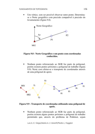 FUNDAMENTOS DE TOPOGRAFIA
Luis A. K. Veiga/Maria A. Z. Zanetti/Pedro L. Faggion
136
• Um vértice, sem ser possível observar outro ponto. Determina-
se o Norte geográfico com precisão compatível à precisão do
levantamento (figura 9.8).
Figura 9.8 - Norte Geográfico e um ponto com coordenadas
conhecidas.
• Nenhum ponto referenciado ao SGB faz parte da poligonal,
porém existem pontos próximos a poligonal de trabalho (figura
9.9). Neste caso efetua-se o transporte de coordenadas através
de uma poligonal de apoio.
Figura 9.9 - Transporte de coordenadas utilizando uma poligonal de
apoio.
• Nenhum ponto referenciado ao SGB faz parte da poligonal,
porém existem alguns pontos próximos a poligonal de trabalho
permitindo que, através do problema de Pothénot, sejam
M02
P1
P2
Norte Geográfico
Az
 