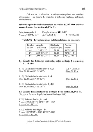 FUNDAMENTOS DE TOPOGRAFIA
Luis A. K. Veiga/Maria A. Z. Zanetti/Pedro L. Faggion
168
Calcular as coordenadas cartesianas retangulares dos detalhes
apresentados na Figura 1, referidos à poligonal fechada, calculada
anteriormente.
1) Para ângulos horizontais medidos no sentido HORÁRIO, calcular
as coordenadas dos pontos A1, P1 e B1.
Estação ocupada: 1 Estação visada a RÉ: 0=PP
A 0=PP- 1 = 106º52’07’’ X1 = 320,05 m Y1 = 560,22 m
Tabela 9.2 - Levantamento de detalhes efetuado na estação 1.
Detalhe
visado
Ângulo
horizontal
Distância
inclinada (m)
Ângulo
zenital
A1 11º 07’ 15’’ 58,38 88º 21’ 40’’
P1 220º 40’ 32’’ 22,49 91º 03’ 12’’
B1 290º 37’ 24’’ 46,87 92º 22’ 09’’
1.1) Cálculo das distâncias horizontais entre a estação 1 e os pontos
A1, P1 e B1.
1.1.1) Distância horizontal entre 1 e A1 (Dh = Di senZ)
Dh = 58,38 sen(88º 21’ 40’’) Dh = 58,36 m
1.1.2) Distância horizontal entre 1 e P1
Dh = 22,49 sen(91º 03’ 12’’) Dh = 22,49 m
1.1.3) Distância horizontal entre 1 e B1
Dh = 46,87 sen(92º 22’ 09’’) Dh = 46,83 m
1.2) Cálculo dos azimutes entre a estação 1 e os pontos A1, P1 e B1.
(A1-detalhe = A0=PP-1 + ângulo horizontal horário - 180º)
1.2.1) Azimute da direção 1-A1
A 1-A1 = 106º52’07’’+ 11º 07’ 15’’- 180º
A 1-A1 = 297º 59’ 22’’
1.2.2) Azimute da direção 1-P1
A 1-B1= 106º52’07’’+ 220º 40’ 32’’- 180º
A 1-B1 = 147º 32’ 39’’
 