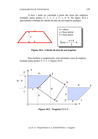 FUNDAMENTOS DE TOPOGRAFIA
Luis A. K. Veiga/Maria A. Z. Zanetti/Pedro L. Faggion
179
A área 1 pode ser calculada a partir das áreas dos trapézios
formados pelos pontos 2', 2, 1, 1´ e 1', 1, 4, 4'. Na figura 10.4 é
apresentada a fórmula de cálculo da área de um trapézio qualquer.
Figura 10.4 - Cálculo da área de um trapézio.
Para facilitar a compreensão, será calculada a área do trapézio
formado pelos pontos 2', 2, 1, 1' (figura 10.5).
Figura 10.5 - Trapézio 2´2 1 1´.
a
b
h
h = altura
a = base menor
b = base maior
h
b
a
Área ⋅
+
=
2
1
2
3
4
x
y
1´
2´
y2
y1
x2
x1
y2 - y1
1
2
1´
2´
b
a
h
 