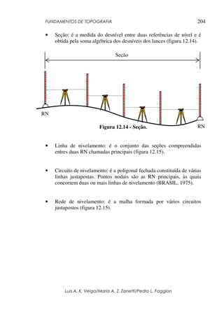FUNDAMENTOS DE TOPOGRAFIA
Luis A. K. Veiga/Maria A. Z. Zanetti/Pedro L. Faggion
204
• Seção: é a medida do desnível entre duas referências de nível e é
obtida pela soma algébrica dos desníveis dos lances (figura 12.14).
Figura 12.14 - Seção.
• Linha de nivelamento: é o conjunto das seções compreendidas
entres duas RN chamadas principais (figura 12.15).
• Circuito de nivelamento: é a poligonal fechada constituída de várias
linhas justapostas. Pontos nodais são as RN principais, às quais
concorrem duas ou mais linhas de nivelamento (BRASIL, 1975).
• Rede de nivelamento: é a malha formada por vários circuitos
justapostos (figura 12.15).
RN
RN
Seção
 