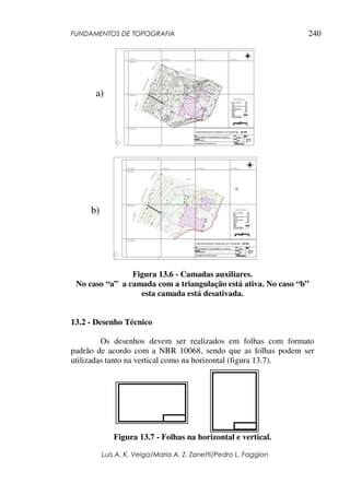 FUNDAMENTOS DE TOPOGRAFIA
Luis A. K. Veiga/Maria A. Z. Zanetti/Pedro L. Faggion
240
Figura 13.6 - Camadas auxiliares.
No caso “a” a camada com a triangulação está ativa. No caso “b”
esta camada está desativada.
13.2 - Desenho Técnico
Os desenhos devem ser realizados em folhas com formato
padrão de acordo com a NBR 10068, sendo que as folhas podem ser
utilizadas tanto na vertical como na horizontal (figura 13.7).
Figura 13.7 - Folhas na horizontal e vertical.
a)
b)
 