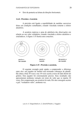 FUNDAMENTOS DE TOPOGRAFIA
Luis A. K. Veiga/Maria A. Z. Zanetti/Pedro L. Faggion
20
• Erro de pontaria na leitura de direções horizontais.
1.4.4 - Precisão e Acurácia
A precisão está ligada a repetibilidade de medidas sucessivas
feitas em condições semelhantes, estando vinculada somente a efeitos
aleatórios.
A acurácia expressa o grau de aderência das observações em
relação ao seu valor verdadeiro, estando vinculada a efeitos aleatórios e
sistemáticos. A figura 1.15 ilustra estes conceitos.
Figura 1.15 - Precisão e acurácia.
O seguinte exemplo pode ajudar a compreender a diferença
entre eles: um jogador de futebol está treinando cobranças de pênalti.
Ele chuta a bola 10 vezes e nas 10 vezes acerta a trave do lado direito do
goleiro. Este jogador foi extremamente preciso. Seus resultados não
apresentaram nenhuma variação em torno do valor que se repetiu 10
vezes. Em compensação sua acurácia foi nula. Ele não conseguiu acertar
o gol, “verdadeiro valor”, nenhuma vez.
 
