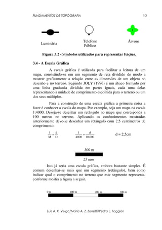 FUNDAMENTOS DE TOPOGRAFIA
Luis A. K. Veiga/Maria A. Z. Zanetti/Pedro L. Faggion
40
Figura 3.2 - Símbolos utilizados para representar feições.
3.4 - A Escala Gráfica
A escala gráfica é utilizada para facilitar a leitura de um
mapa, consistindo-se em um segmento de reta dividido de modo a
mostrar graficamente a relação entre as dimensões de um objeto no
desenho e no terreno. Segundo JOLY (1996) é um ábaco formado por
uma linha graduada dividida em partes iguais, cada uma delas
representando a unidade de comprimento escolhida para o terreno ou um
dos seus múltiplos.
Para a construção de uma escala gráfica a primeira coisa a
fazer é conhecer a escala do mapa. Por exemplo, seja um mapa na escala
1:4000. Deseja-se desenhar um retângulo no mapa que corresponda a
100 metros no terreno. Aplicando os conhecimentos mostrados
anteriormente deve-se desenhar um retângulo com 2,5 centímetros de
comprimento:
D
d
M
1
=
000
.
10
d
4000
1
= d = 2,5cm
100 m
25 mm
Isto já seria uma escala gráfica, embora bastante simples. É
comum desenhar-se mais que um segmento (retângulo), bem como
indicar qual o comprimento no terreno que este segmento representa,
conforme mostra a figura a seguir.
0 m 100 m 200 m 300 m
Luminária
Telefone
Público
Árvore
 