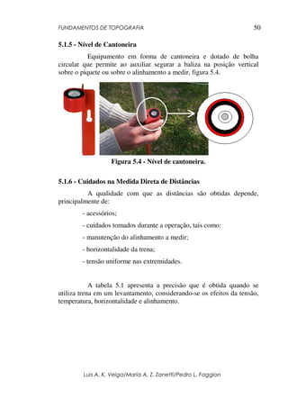 FUNDAMENTOS DE TOPOGRAFIA
Luis A. K. Veiga/Maria A. Z. Zanetti/Pedro L. Faggion
50
5.1.5 - Nível de Cantoneira
Equipamento em forma de cantoneira e dotado de bolha
circular que permite ao auxiliar segurar a baliza na posição vertical
sobre o piquete ou sobre o alinhamento a medir, figura 5.4.
Figura 5.4 - Nível de cantoneira.
5.1.6 - Cuidados na Medida Direta de Distâncias
A qualidade com que as distâncias são obtidas depende,
principalmente de:
- acessórios;
- cuidados tomados durante a operação, tais como:
- manutenção do alinhamento a medir;
- horizontalidade da trena;
- tensão uniforme nas extremidades.
A tabela 5.1 apresenta a precisão que é obtida quando se
utiliza trena em um levantamento, considerando-se os efeitos da tensão,
temperatura, horizontalidade e alinhamento.
 