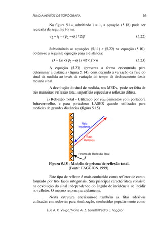 FUNDAMENTOS DE TOPOGRAFIA
Luis A. K. Veiga/Maria A. Z. Zanetti/Pedro L. Faggion
63
Na figura 5.14, admitindo i = 1, a equação (5.18) pode ser
reescrita da seguinte forma:
f
t
t π
ϕ
ϕ 2
/
)
( 1
2
1
2 −
=
− (5.22)
Substituindo as equações (5.11) e (5.22) na equação (5.10),
obtém-se a seguinte equação para a distância:
n
f
Co
D ×
×
−
×
= π
ϕ
ϕ 4
/
)
( 1
2 (5.23)
A equação (5.23) apresenta a forma encontrada para
determinar a distância (figura 5.14), considerando a variação da fase do
sinal de medida ao invés da variação do tempo de deslocamento deste
mesmo sinal.
A devolução do sinal de medida, nos MEDs, pode ser feita de
três maneiras: reflexão total, superfície especular e reflexão difusa.
a) Reflexão Total - Utilizado por equipamentos com portadora
Infravermelho, e para portadoras LASER quando utilizadas para
medidas de grandes distâncias (figura 5.15)
Prisma de Reflexão Total
Raio
Incidente
Raio
Refletido
Figura 5.15 - Modelo de prisma de reflexão total.
(Fonte: FAGGION,1999).
Este tipo de refletor é mais conhecido como refletor de canto,
formado por três faces ortogonais. Sua principal característica consiste
na devolução do sinal independendo do ângulo de incidência ao incidir
no refletor. O mesmo retorna paralelamente.
Nesta estrutura encaixam-se também as fitas adesivas
utilizadas em rodovias para sinalização, conhecidas popularmente como
 