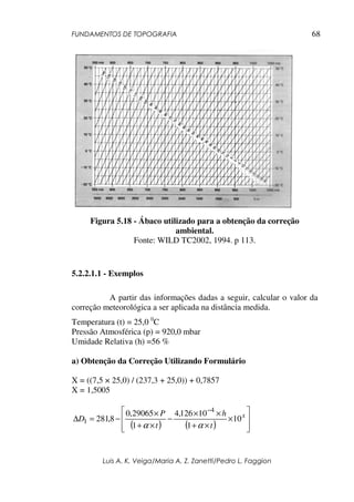 FUNDAMENTOS DE TOPOGRAFIA
Luis A. K. Veiga/Maria A. Z. Zanetti/Pedro L. Faggion
68
Figura 5.18 - Ábaco utilizado para a obtenção da correção
ambiental.
Fonte: WILD TC2002, 1994. p 113.
5.2.2.1.1 - Exemplos
A partir das informações dadas a seguir, calcular o valor da
correção meteorológica a ser aplicada na distância medida.
Temperatura (t) = 25,0 0
C
Pressão Atmosférica (p) = 920,0 mbar
Umidade Relativa (h) =56 %
a) Obtenção da Correção Utilizando Formulário
X = ((7,5 × 25,0) / (237,3 + 25,0)) + 0,7857
X = 1,5005
( ) ( ) 







×
×
+
×
×
−
×
+
×
−
=
∆
−
x
t
h
t
P
D 10
1
10
126
,
4
1
29065
,
0
8
,
281
4
1
α
α
 