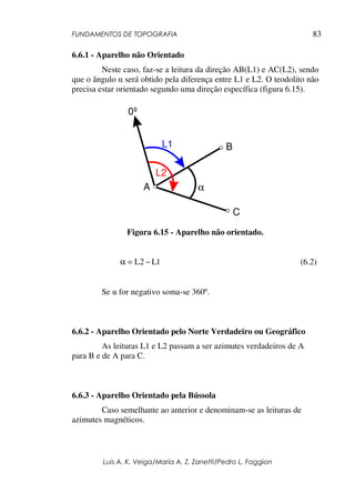 FUNDAMENTOS DE TOPOGRAFIA
Luis A. K. Veiga/Maria A. Z. Zanetti/Pedro L. Faggion
83
6.6.1 - Aparelho não Orientado
Neste caso, faz-se a leitura da direção AB(L1) e AC(L2), sendo
que o ângulo α será obtido pela diferença entre L1 e L2. O teodolito não
precisa estar orientado segundo uma direção específica (figura 6.15).
Figura 6.15 - Aparelho não orientado.
1
L
2
L −
=
α (6.2)
Se α for negativo soma-se 360º.
6.6.2 - Aparelho Orientado pelo Norte Verdadeiro ou Geográfico
As leituras L1 e L2 passam a ser azimutes verdadeiros de A
para B e de A para C.
6.6.3 - Aparelho Orientado pela Bússola
Caso semelhante ao anterior e denominam-se as leituras de
azimutes magnéticos.
α
A
B
C
L1
L2
0º
 