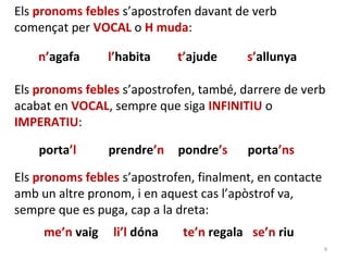 Els pronoms febles s’apostrofen davant de verb
començat per VOCAL o H muda:

    n’agafa      l’habita     t’ajude    s’allunya

Els pronoms febles s’apostrofen, també, darrere de verb
acabat en VOCAL, sempre que siga INFINITIU o
IMPERATIU:

    porta’l      prendre’n    pondre’s   porta’ns

Els pronoms febles s’apostrofen, finalment, en contacte
amb un altre pronom, i en aquest cas l’apòstrof va,
sempre que es puga, cap a la dreta:
     me’n vaig    li’l dóna   te’n regala se’n riu
                                                          9
 