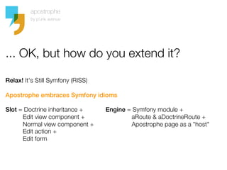 ... OK, but how do you extend it?

Relax! It's Still Symfony (RISS)

Apostrophe embraces Symfony idioms

Slot = Doctrine inheritance +       Engine = Symfony module +
          Edit view component +                    aRoute & aDoctrineRoute +
          Normal view component +                  Apostrophe page as a "host"
          Edit action +
          Edit form
 