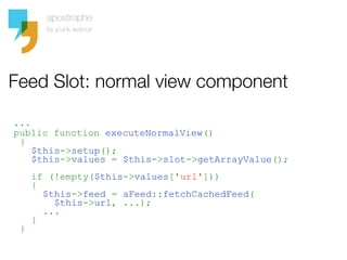 Feed Slot: normal view component

...
public function executeNormalView()
 {
    $this->setup();
    $this->values = $this...