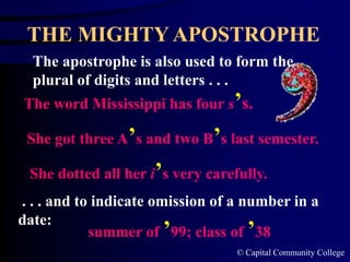 © Capital Community College
THE MIGHTY APOSTROPHE
The apostrophe is also used to form the
plural of digits and letters . . .
The word Mississippi has four s’s.
She got three A’s and two B’s last semester.
She dotted all her i’s very carefully.
. . . and to indicate omission of a number in a
date:
summer of ’99; class of ’38
 