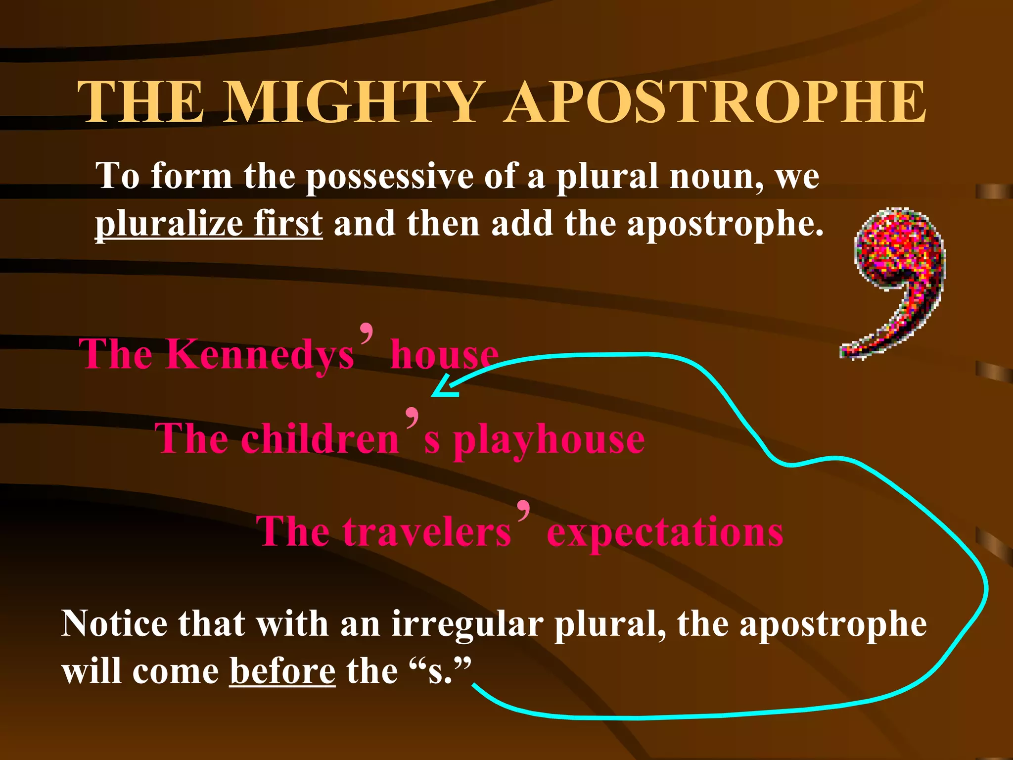 THE MIGHTY APOSTROPHE To form the possessive of a plural noun, we  pluralize first  and then add the apostrophe. The Kennedys ’  house The children ’ s playhouse The travelers ’  expectations Notice that with an irregular plural, the apostrophe will come  before  the “s.” 