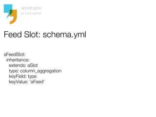 Feed Slot: schema.yml

aFeedSlot:
 inheritance:
   extends: aSlot
   type: column_aggregation
   keyField: type
   keyValu...