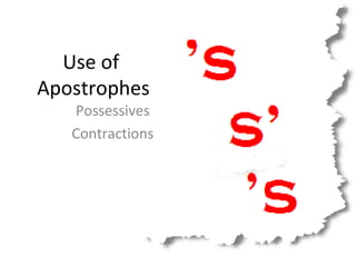 Use of 
Apostrophes 
Possessives 
Contractions 
 