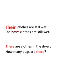 Their clothes are still wet. 
The boys’ clothes are still wet. 
There are clothes in the dryer. 
How many dogs are there? 
 