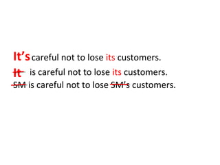 It’s careful not to lose its customers. 
It is careful not to lose its customers. 
SM is careful not to lose SM’s customers. 
 