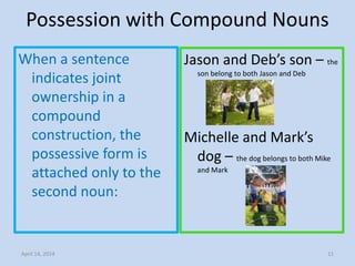 Possession with Compound Nouns
When a sentence
indicates joint
ownership in a
compound
construction, the
possessive form is
attached only to the
second noun:
Jason and Deb’s son – the
son belong to both Jason and Deb
Michelle and Mark’s
dog – the dog belongs to both Mike
and Mark
April 14, 2014 11
 