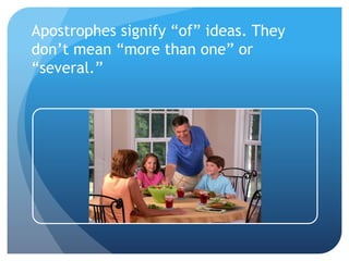 Apostrophes signify “of” ideas. They
don’t mean “more than one” or
“several.”
 