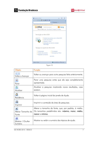 MS WORD 2010 – BÁSICO 7
Figura 15
Objeto Função
Voltar e Avançar
Voltar ou avançar para outra pesquisa feita anteriormente.
Parar
Parar uma pesquisa antes que ela seja completamente
apresentada.
Atualizar
Atualizar a pesquisa mostrando novos resultados, caso
existam.
Residência
Voltar à página inicial da janela de Ajuda.
Imprimir
Imprimir o conteúdo da área de pesquisas.
Alterar Tamanho da
Fonte
Alterar o tamanho da fonte, que, por padrão, é médio.
Os tamanhos predefinidos são: máximo, maior, médio,
menor e mínimo.
Mostrar / Ocultar
Sumário
Mostrar ou exibir o sumário dos tópicos de ajuda.
 