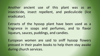 Another ancient use of this plant was as an
insecticide, insect repellent, and pediculicide (lice
eradicator).
Extracts of...