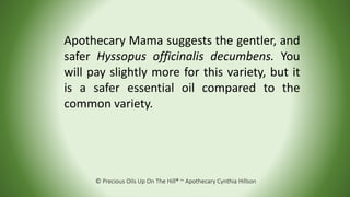 © Precious Oils Up On The Hill® ~ Apothecary Cynthia Hillson
Apothecary Mama suggests the gentler, and
safer Hyssopus offi...