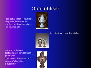 Outil utiliser Les pots a canon :  pour les onguents, les opiats, les                         confections, les électuaires, les baumes, etc.Les piluliers : pour les pilulesLes vases a tériaque : destinée aux 4 compositions galéniques (Thériaque,mithridates,confections d’alkermès et d’hyacinthe)