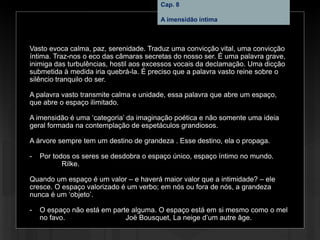 Cap. 8 – A imensidão íntima
Vasto evoca calma, paz, serenidade. Traduz uma convicção vital, uma convicção
íntima. Traz-nos o eco das câmaras secretas do nosso ser. É uma palavra grave,
inimiga das turbulências, hostil aos excessos vocais da declamação. Uma dicção
submetida à medida iria quebrá-la. É preciso que a palavra vasto reine sobre o
silêncio tranquilo do ser.
A palavra vasto transmite calma e unidade, essa palavra que abre um espaço,
que abre o espaço ilimitado.
A imensidão é uma ‘categoria’ da imaginação poética e não somente uma ideia
geral formada na contemplação de espetáculos grandiosos.
A árvore sempre tem um destino de grandeza . Esse destino, ela o propaga.
- Por todos os seres se desdobra o espaço único, espaço íntimo no mundo.
Rilke.
Quando um espaço é um valor – e haverá maior valor que a intimidade? – ele
cresce. O espaço valorizado é um verbo; em nós ou fora de nós, a grandeza
nunca é um ‘objeto’.
- O espaço não está em parte alguma. O espaço está em si mesmo como o mel
no favo. Joë Bousquet, La neige d’um autre âge.
Cap. 8
A imensidão íntima
 
