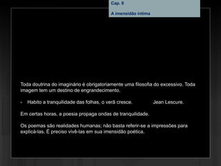 Cap. 8 – A imensidão íntima
Toda doutrina do imaginário é obrigatoriamente uma filosofia do excessivo. Toda
imagem tem um destino de engrandecimento.
- Habito a tranquilidade das folhas, o verã cresce. Jean Lescure.
Em certas horas, a poesia propaga ondas de tranquilidade.
Os poemas são realidades humanas; não basta referir-se a impressões para
explicá-las. É preciso vivê-las em sua imensidão poética.
Cap. 8
A imensidão íntima
 