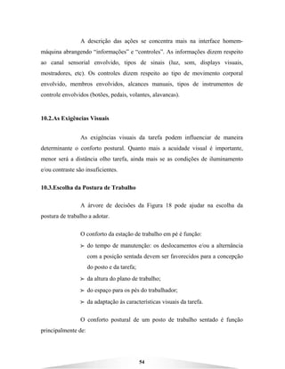 54
A descrição das ações se concentra mais na interface homem-
máquina abrangendo “informações” e “controles”. As informações dizem respeito
ao canal sensorial envolvido, tipos de sinais (luz, som, displays visuais,
mostradores, etc). Os controles dizem respeito ao tipo de movimento corporal
envolvido, membros envolvidos, alcances manuais, tipos de instrumentos de
controle envolvidos (botões, pedais, volantes, alavancas).
10.2.As Exigências Visuais
As exigências visuais da tarefa podem influenciar de maneira
determinante o conforto postural. Quanto mais a acuidade visual é importante,
menor será a distância olho tarefa, ainda mais se as condições de iluminamento
e/ou contraste são insuficientes.
10.3.Escolha da Postura de Trabalho
A árvore de decisões da Figura 18 pode ajudar na escolha da
postura de trabalho a adotar.
O conforto da estação de trabalho em pé é função:
BBBB do tempo de manutenção: os deslocamentos e/ou a alternância
com a posição sentada devem ser favorecidos para a concepção
do posto e da tarefa;
BBBB da altura do plano de trabalho;
BBBB do espaço para os pés do trabalhador;
BBBB da adaptação às características visuais da tarefa.
O conforto postural de um posto de trabalho sentado é função
principalmente de:
 