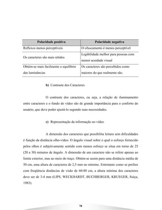 70
Polaridade positiva Polaridade negativa
Reflexos menos perceptíveis O ofuscamento é menos perceptível
Os caracteres são mais nítidos
Legibilidade melhor para pessoas com
menor acuidade visual
Obtém-se mais facilmente o equilíbrio
das luminâncias
Os caracteres são percebidos como
maiores do que realmente são.
b) Contraste dos Caracteres
O contraste dos caracteres, ou seja, a relação de iluminamento
entre caracteres e o fundo do vídeo são de grande importância para o conforto do
usuário, que deve poder ajustá-lo segundo suas necessidades.
c) Representação da informação no vídeo
A dimensão dos caracteres que possibilita leitura sem dificuldades
é função da distância olho-vídeo. O ângulo visual sobre o qual o esforço fornecido
pelos olhos é subjetivamente sentido com menos esforço se situa em torno de 25
(20 a 30) minutos de ângulo. A dimensão de um caractere não se refere apenas ao
limite exterior, mas ao meio do traço. Obtém-se assim para uma distância média de
50 cm, uma altura de caracteres de 2,5 mm no mínimo. Entretanto como se prefere
com freqüência distâncias de visão de 60-80 cm, a altura mínima dos caracteres
deve ser de 3-4 mm (LIPS, WECKHARDT, BUCHBERGER, KRUEGER, Suíça,
1983).
 