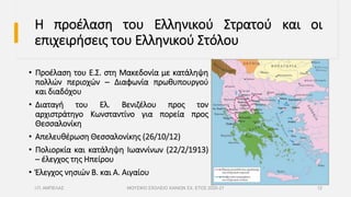 Η προέλαση του Ελληνικού Στρατού και οι
επιχειρήσεις του Ελληνικού Στόλου
• Προέλαση του Ε.Σ. στη Μακεδονία με κατάληψη
πολλών περιοχών – Διαφωνία πρωθυπουργού
και διαδόχου
• Διαταγή του Ελ. Βενιζέλου προς τον
αρχιστράτηγο Κωνσταντίνο για πορεία προς
Θεσσαλονίκη
• Απελευθέρωση Θεσσαλονίκης (26/10/12)
• Πολιορκία και κατάληψη Ιωαννίνων (22/2/1913)
– έλεγχος της Ηπείρου
• Έλεγχος νησιών Β. και Α. Αιγαίου
Ι.Π. ΑΜΠΕΛΑΣ ΜΟΥΣΙΚΟ ΣΧΟΛΕΙΟ ΧΑΝΙΩΝ ΣΧ. ΕΤΟΣ 2020-21 12
 