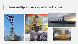 Η απελευθέρωση των νησιών του Αιγαίου
Ι.Π. ΑΜΠΕΛΑΣ ΜΟΥΣΙΚΟ ΣΧΟΛΕΙΟ ΧΑΝΙΩΝ ΣΧ. ΕΤΟΣ 2020-21 17
 