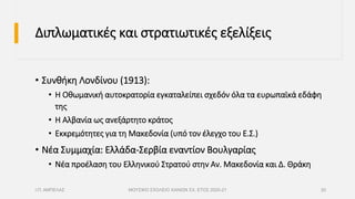 Διπλωματικές και στρατιωτικές εξελίξεις
• Συνθήκη Λονδίνου (1913):
• Η Οθωμανική αυτοκρατορία εγκαταλείπει σχεδόν όλα τα ευρωπαϊκά εδάφη
της
• Η Αλβανία ως ανεξάρτητο κράτος
• Εκκρεμότητες για τη Μακεδονία (υπό τον έλεγχο του Ε.Σ.)
• Νέα Συμμαχία: Ελλάδα-Σερβία εναντίον Βουλγαρίας
• Νέα προέλαση του Ελληνικού Στρατού στην Αν. Μακεδονία και Δ. Θράκη
Ι.Π. ΑΜΠΕΛΑΣ ΜΟΥΣΙΚΟ ΣΧΟΛΕΙΟ ΧΑΝΙΩΝ ΣΧ. ΕΤΟΣ 2020-21 20
 