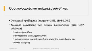 Οι οικονομικές και πολιτικές συνθήκες
• Οικονομικά προβλήματα (πτώχευση-1893, 1898-Δ.Ο.Ε.)
• Αδυναμία διαχείρισης των εθνικών διεκδικήσεων (ήττα 1897,
αδράνεια)
→ πολιτική αστάθεια
→ δυσαρέσκεια ελληνικής κοινωνίας
→ μείωση κύρους των πολιτικών & της μοναρχίας (παρεμβάσεις στις
Ένοπλες Δυνάμεις)
Ι.Π. ΑΜΠΕΛΑΣ ΜΟΥΣΙΚΟ ΣΧΟΛΕΙΟ ΧΑΝΙΩΝ ΣΧ. ΕΤΟΣ 2020-21 3
 