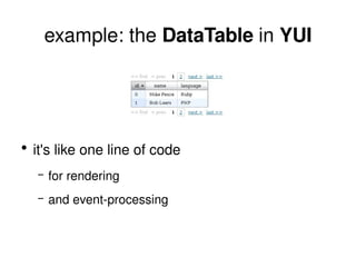 example: the  DataTable  in  YUI it's like one line of code for rendering and event-processing 