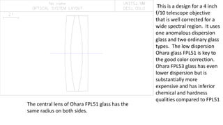 This is a design for a 4 inch
f/10 telescope objective
that is well corrected for a
wide spectral region. It uses
one anomalous dispersion
glass and two ordinary glass
types. The low dispersion
Ohara glass FPL51 is key to
the good color correction.
Ohara FPL53 glass has even
lower dispersion but is
substantially more
expensive and has inferior
chemical and hardness
qualities compared to FPL51
The central lens of Ohara FPL51 glass has the
same radius on both sides.
