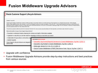 39 Copyright © 2012, Oracle and/or its affiliates. All rights
reserved.
Insert Information Protection Policy Classification from Slide 7
Fusion Middleware Upgrade Advisors
 Upgrade with confidence
 Fusion Middleware Upgrade Advisors provide step-by-step instructions and best practices
from various sources
 