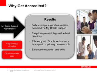 47 Copyright © 2012, Oracle and/or its affiliates. All rights
reserved.
Insert Information Protection Policy Classification from Slide 7
Why Get Accredited?
Results
• Fully leverage support capabilities
delivered via My Oracle Support
• Easy-to-implement, high-value best
practices
• Efficiency with Oracle tools = more
time spent on primary business role
• Enhanced reputation and skills
My Oracle Support
Accreditation
Easy-to-track
modules
Consume at your
pace
 