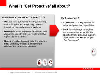 5 Copyright © 2012, Oracle and/or its affiliates. All rights
reserved.
Insert Information Protection Policy Classification from Slide 7
What is ‘Get Proactive’ all about?
Avoid the unexpected. GET PROACTIVE!
 Prevent is about staying healthy, detecting
and solving issues before they have an
impact on your software and systems
 Resolve is about detection capabilities and
diagnostic tools to help you implement the
right corrective actions
 Upgrade is about doing it right the very first
time, ultimately creating a streamlined,
reliable, and repeatable process
Want even more?
 Connection is a key enabler for
advanced proactive capabilities.
 Look for this image throughout
the presentation as we identify
specific Oracle proactive support
capabilities unlocked when you
‘Get Connected’
 