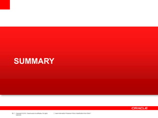 53 Copyright © 2012, Oracle and/or its affiliates. All rights
reserved.
Insert Information Protection Policy Classification from Slide 7
SUMMARY
 