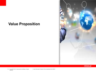 6 Copyright © 2012, Oracle and/or its affiliates. All rights
reserved.
Insert Information Protection Policy Classification from Slide 7
Value Proposition
 