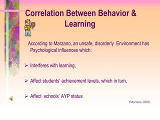 Correlation Between Behavior &
           Learning

 According to Marzano, an unsafe, disorderly Environment has
  Psychological influences which:

 Interferes with learning,

 Affect students’ achievement levels, which in turn,

 Affect schools’ AYP status
                                                        (Marzano, 2003)
 
