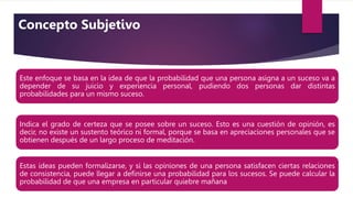 Este enfoque se basa en la idea de que la probabilidad que una persona asigna a un suceso va a
depender de su juicio y experiencia personal, pudiendo dos personas dar distintas
probabilidades para un mismo suceso.
Indica el grado de certeza que se posee sobre un suceso. Esto es una cuestión de opinión, es
decir, no existe un sustento teórico ni formal, porque se basa en apreciaciones personales que se
obtienen después de un largo proceso de meditación.
Estas ideas pueden formalizarse, y si las opiniones de una persona satisfacen ciertas relaciones
de consistencia, puede llegar a deﬁnirse una probabilidad para los sucesos. Se puede calcular la
probabilidad de que una empresa en particular quiebre mañana.
Concepto Subjetivo
 