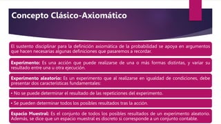 El sustento disciplinar para la deﬁnición axiomática de la probabilidad se apoya en argumentos
que hacen necesarias algunas deﬁniciones que pasaremos a recordar.
Experimento: Es una acción que puede realizarse de una o más formas distintas, y variar su
resultado entre una u otra ejecución.
Experimento aleatorio: Es un experimento que al realizarse en igualdad de condiciones, debe
presentar dos características fundamentales:
• No se puede determinar el resultado de las repeticiones del experimento.
• Se pueden determinar todos los posibles resultados tras la acción.
Espacio Muestral: Es el conjunto de todos los posibles resultados de un experimento aleatorio.
Además, se dice que un espacio muestral es discreto si corresponde a un conjunto contable.
Concepto Clásico-Axiomático
 