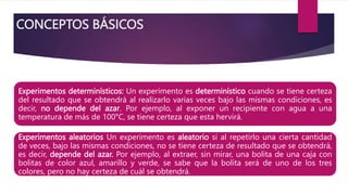 CONCEPTOS BÁSICOS
Experimentos determinísticos: Un experimento es determinístico cuando se tiene certeza
del resultado que se obtendrá al realizarlo varias veces bajo las mismas condiciones, es
decir, no depende del azar. Por ejemplo, al exponer un recipiente con agua a una
temperatura de más de 100°C, se tiene certeza que esta hervirá.
Experimentos aleatorios Un experimento es aleatorio si al repetirlo una cierta cantidad
de veces, bajo las mismas condiciones, no se tiene certeza de resultado que se obtendrá,
es decir, depende del azar. Por ejemplo, al extraer, sin mirar, una bolita de una caja con
bolitas de color azul, amarillo y verde, se sabe que la bolita será de uno de los tres
colores, pero no hay certeza de cuál se obtendrá.
 