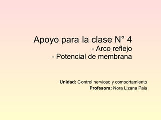 Apoyo para la clase N° 4 - Arco reflejo - Potencial de membrana Unidad:  Control nervioso y comportamiento Profesora:  Nora Lizana Pais 