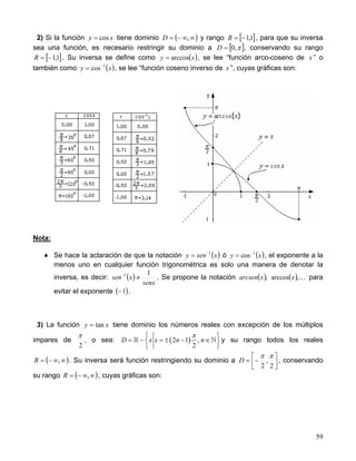 59
2) Si la función xy cos= tiene dominio ( )∞∞−= ,D y rango [ ]1,1−=R , para que su inversa
sea una función, es necesario restringir su dominio a [ ]π,0=D , conservando su rango
[ ]1,1−=R . Su inversa se define como ( )xy arccos= , se lee “función arco-coseno de x ” o
también como ( )xy 1
cos−
= , se lee “función coseno inverso de x ”, cuyas gráficas son:
Nota:
♦ Se hace la aclaración de que la notación ( )xseny 1−
= ó ( )xy 1
cos−
= , el exponente a la
menos uno en cualquier función trigonométrica es solo una manera de denotar la
inversa, es decir: ( )
senx
xsen
11
≠−
. Se propone la notación ( ) ( )…,arccos, xxarcsen para
evitar el exponente ( )1− .
3) La función xy tan= tiene dominio los números reales con excepción de los múltiplos
impares de
2
π
, o sea: ( )2 1 ,
2
D x x n n
π 
= − = ± − ∈ 
 
y su rango todos los reales
( )∞∞−= ,R . Su inversa será función restringiendo su dominio a 



−=
2
,
2
ππ
D , conservando
su rango ( )∞∞−= ,R , cuyas gráficas son:
 